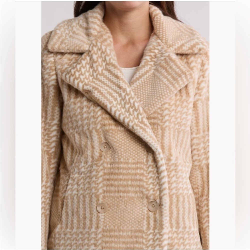 Elie. Elie Tahari Tan and White Houndstooth Faux Fur Double Breasted Jacket L - Picture 2 of 14